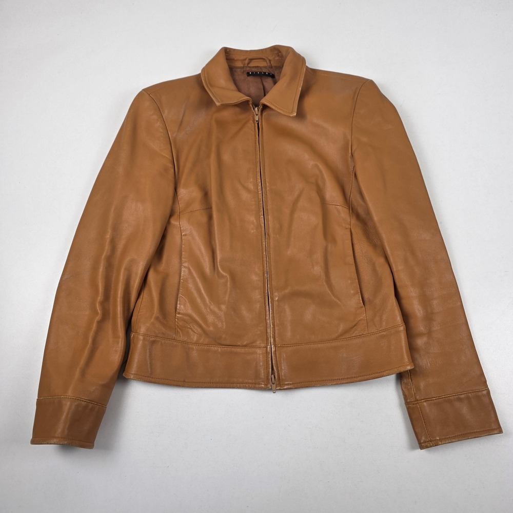 Sisley Jacket Womens 44 Brown Leather Full Zip Collared Short Lined Classic